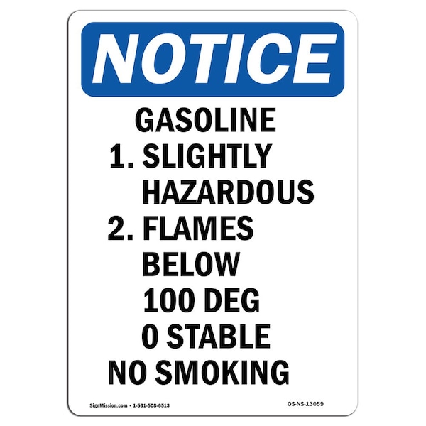 OSHA Notice Sign, 5" Height, Gasoline 1. Slightly Hazardous Sign, Portrait, 10PK